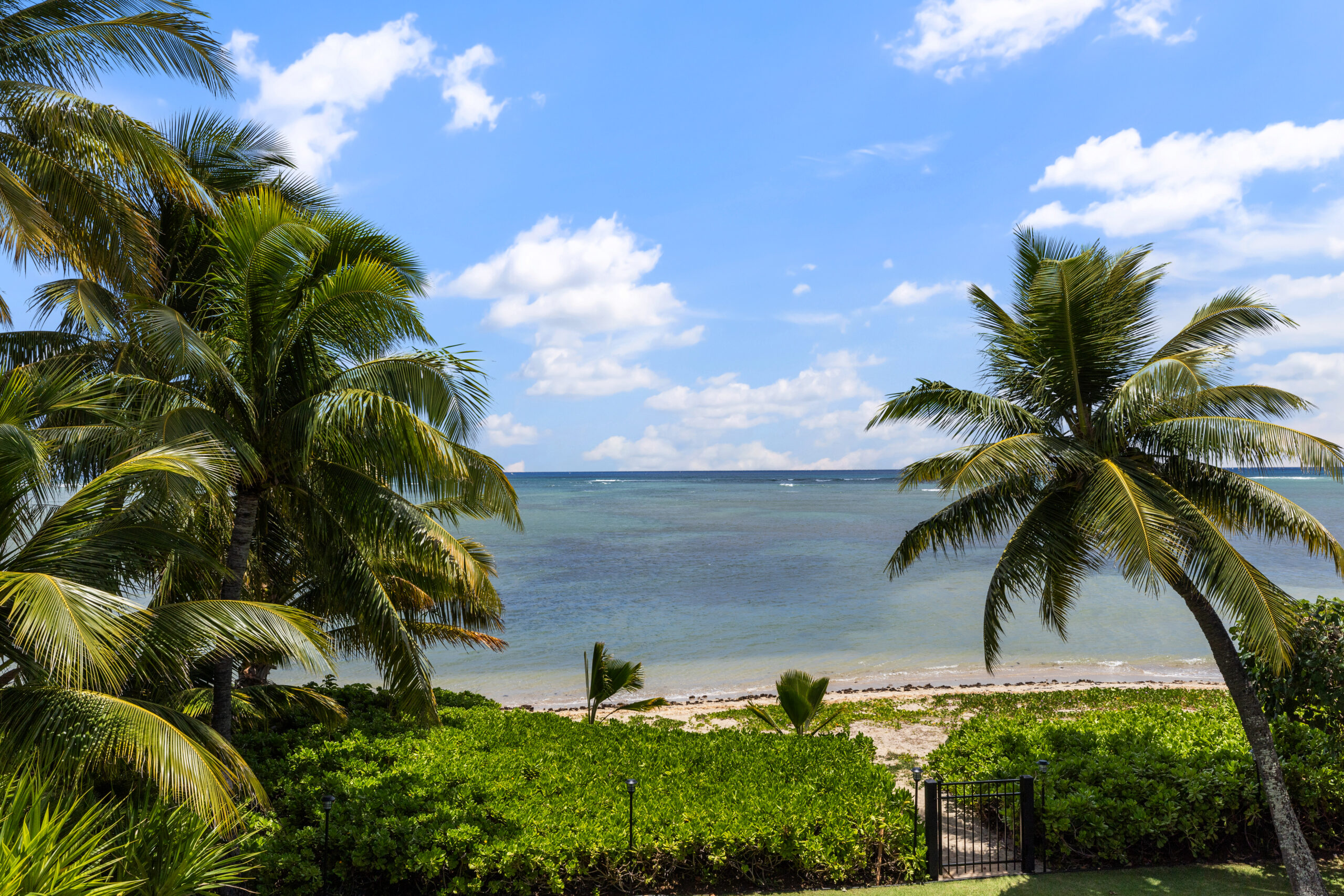 Backyard with tropical landscaping and gated path leading directly to beach and oceanfront